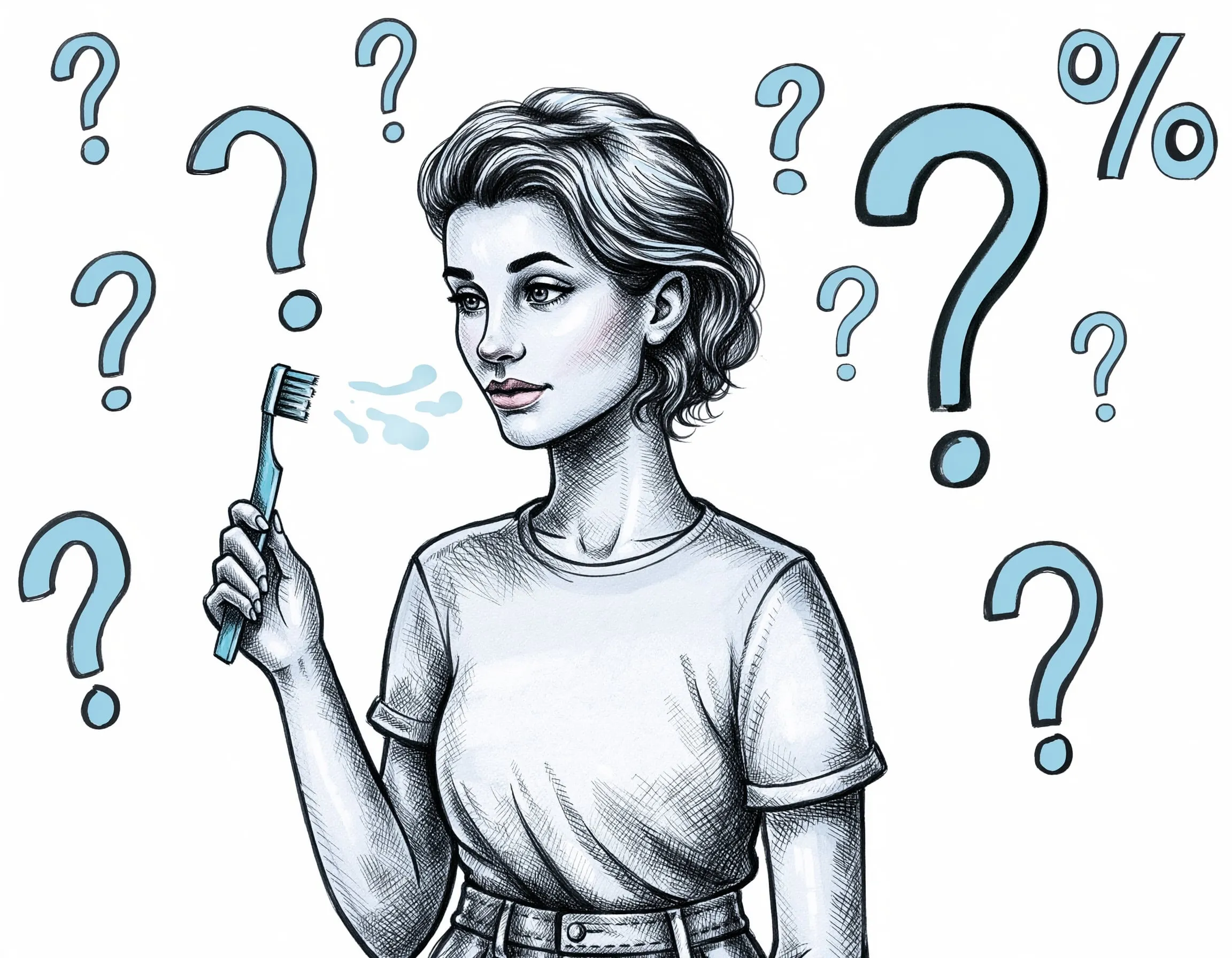 En person som tveksamt tittar på en tandborste, omgiven av frågetecken som symboliserar myter om tandvård.