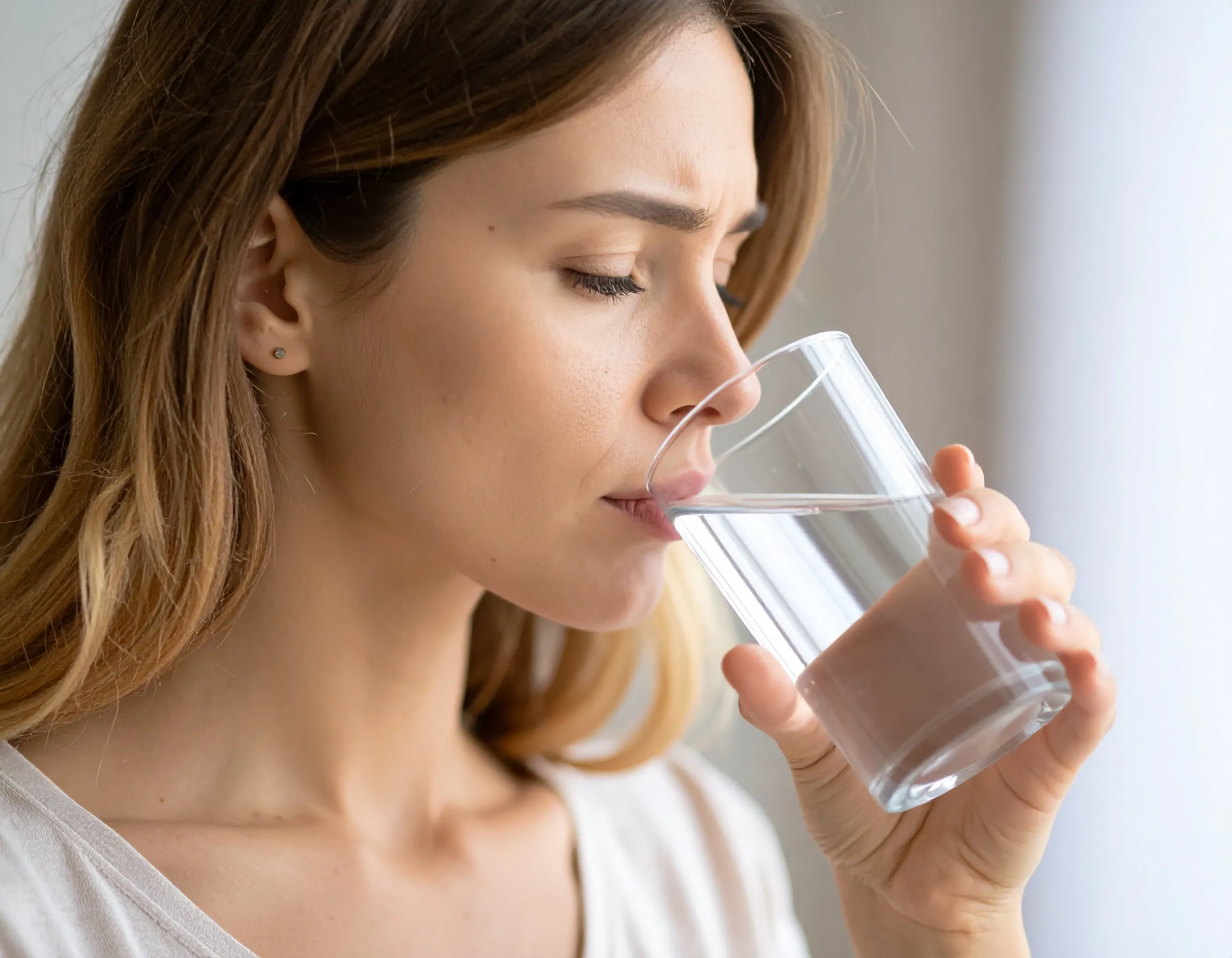 En person som dricker ett glas vatten för att lindra känslan av muntorrhet.