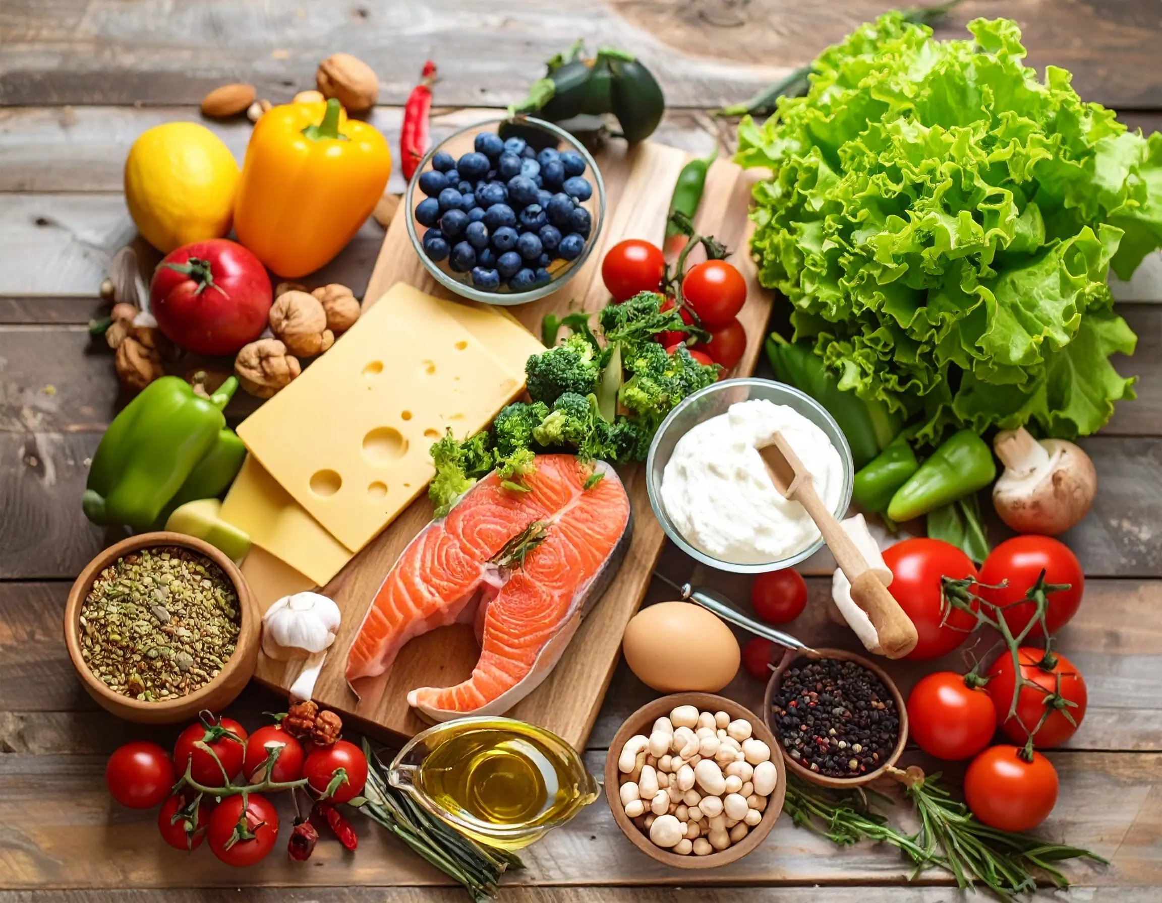 En färgstark bild med tandvänlig mat som ost och grönsaker