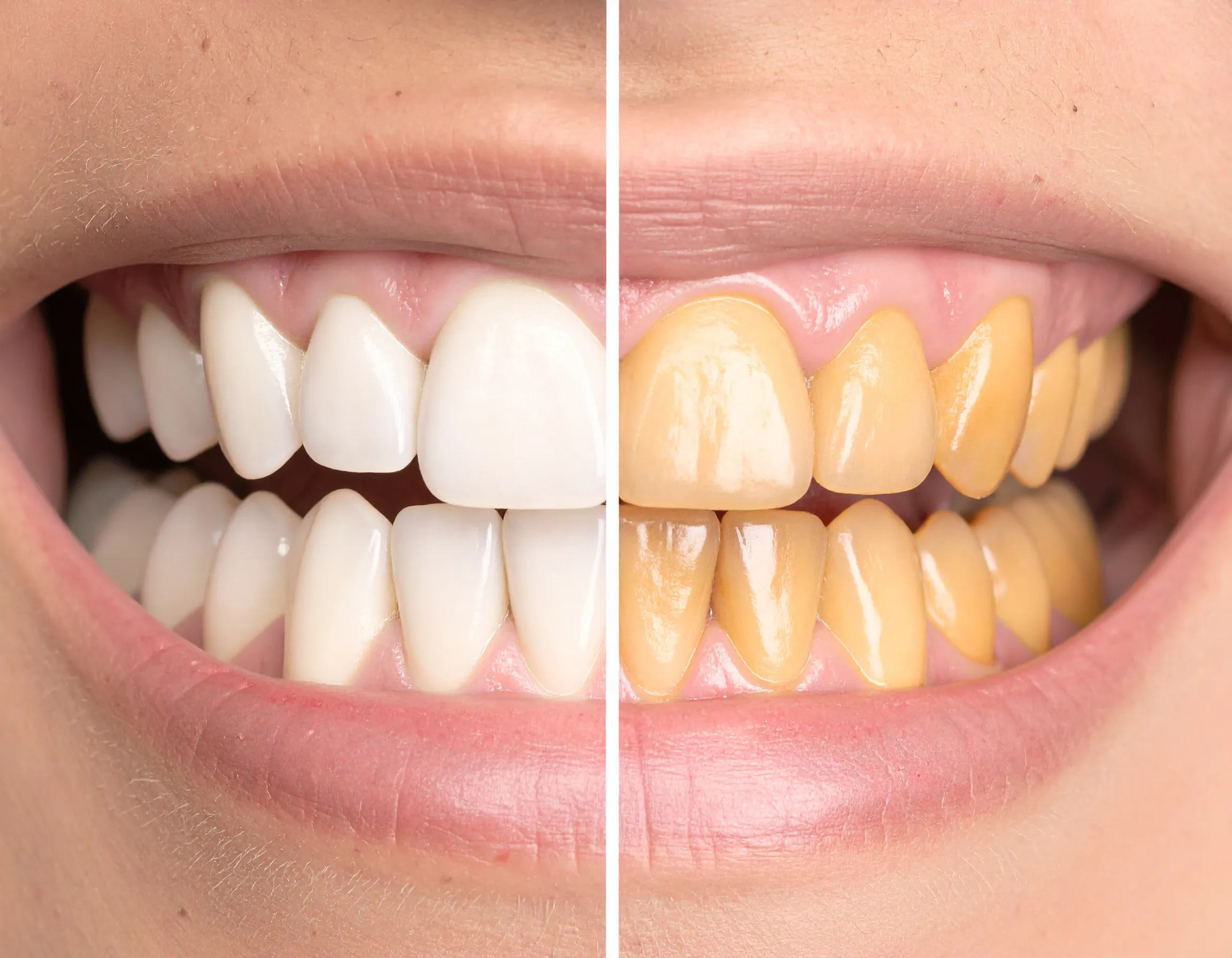 Jämförande bild som visar ett friskt leende och ett leende med missfärgade tänder från tobak.