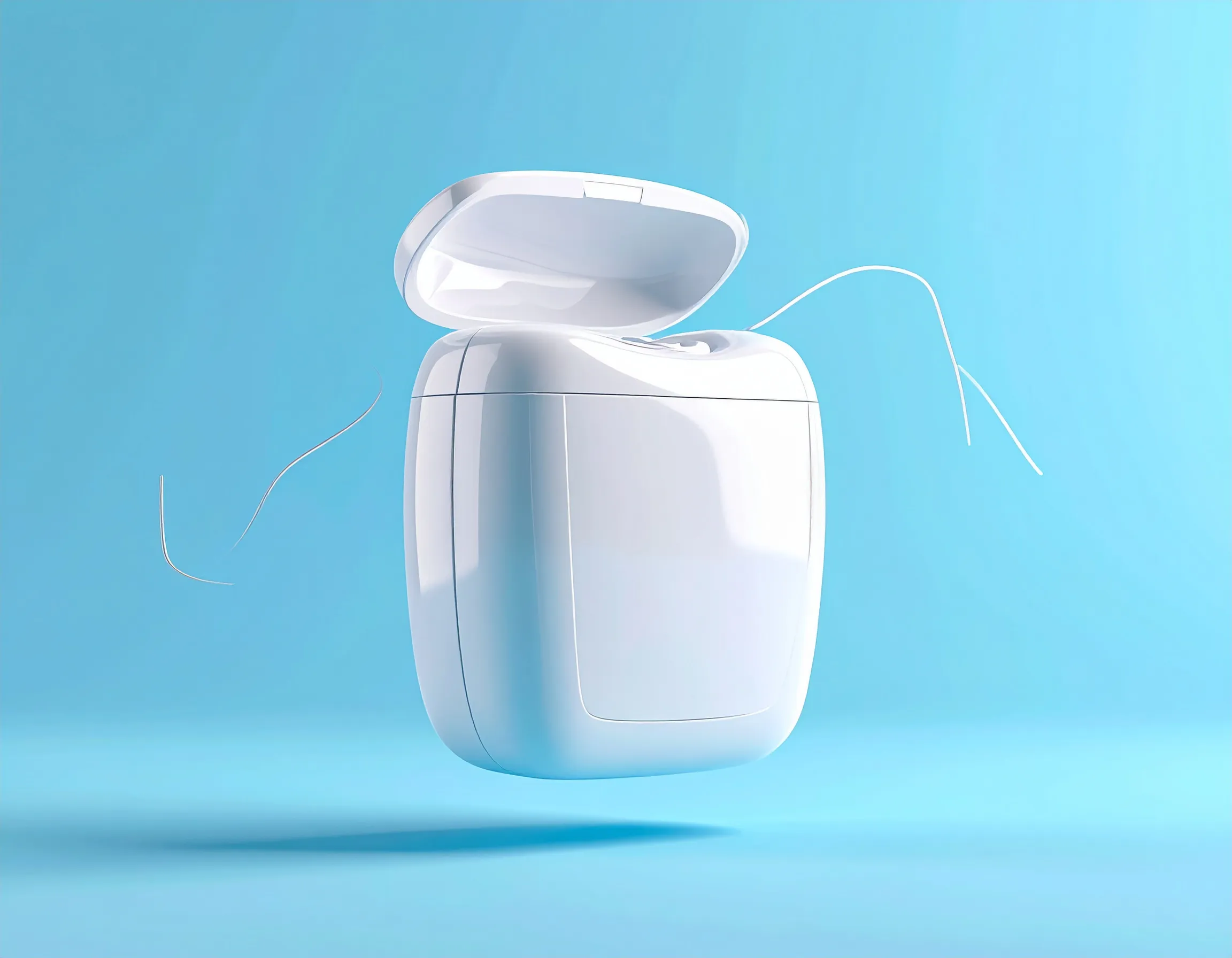 Illustration av en rulle tandtråd som svävar i luften, med en ljusblå bakgrund.