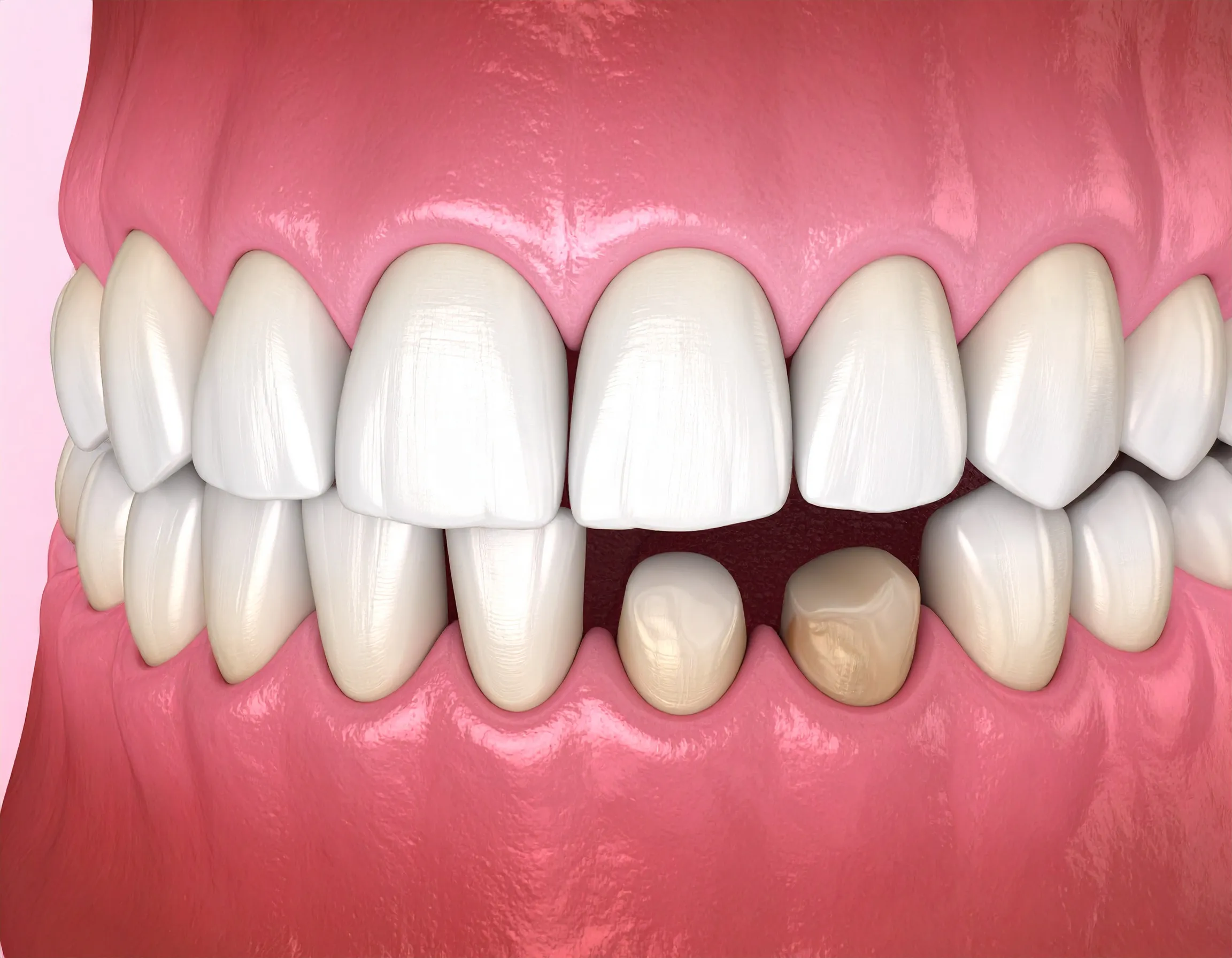 illustration av två tänder i en mun med tappad krona.