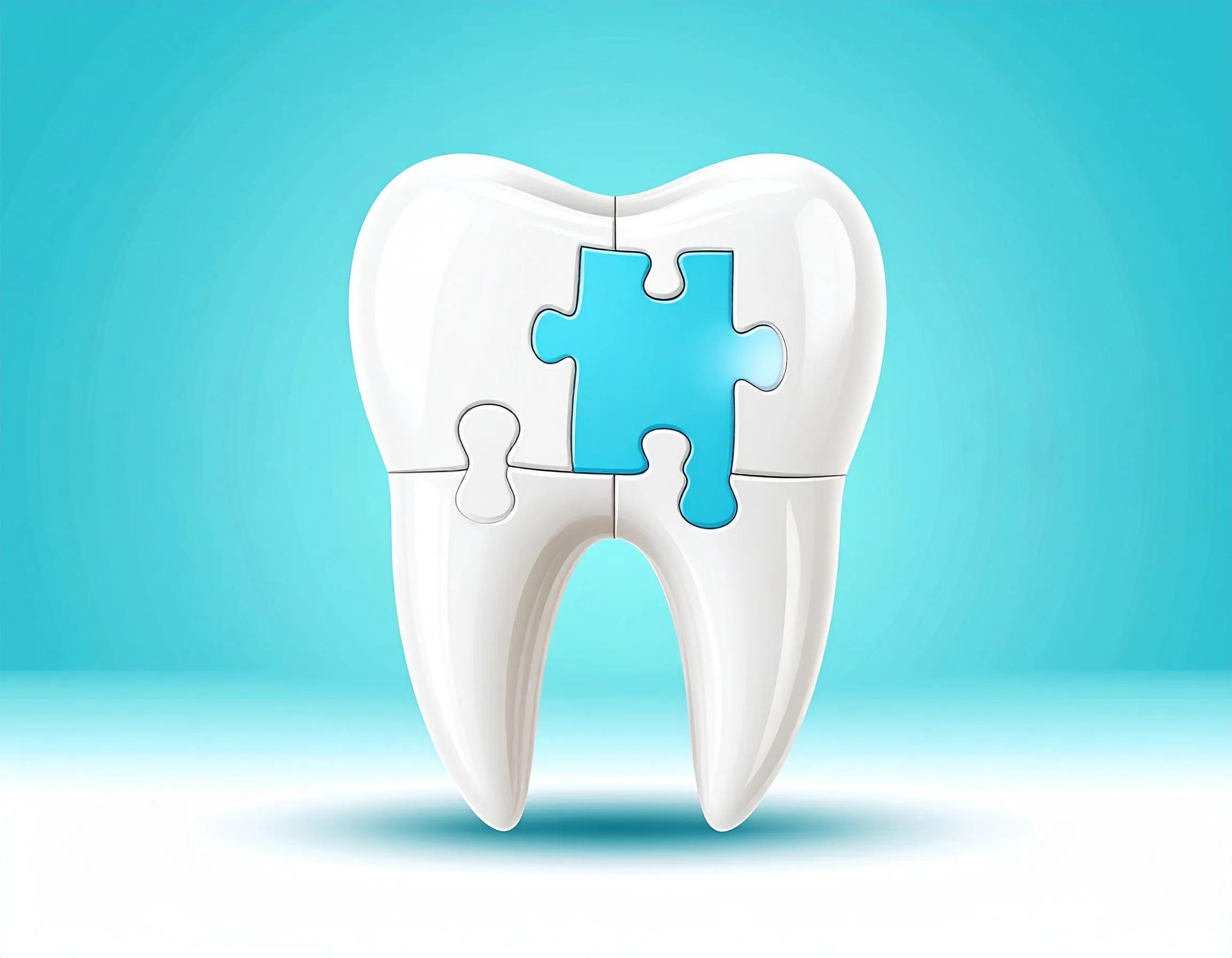 Illustration av en tand som symboliserar byte av amalgamfyllning till en kompositfyllning, där en pusselbit föreställer den nya kompositfyllningen.